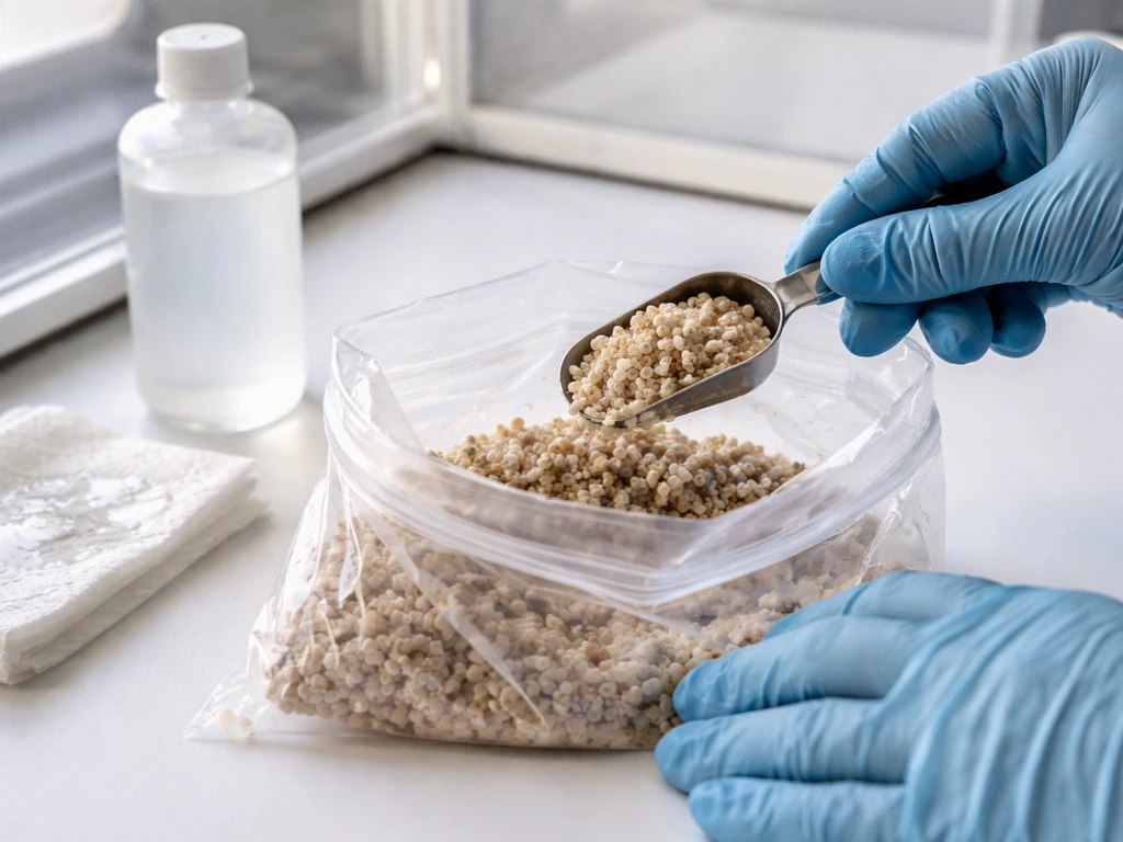 Gloved hands open a clean bag and add mushroom spawn beside a still-air box with alcohol visible.
