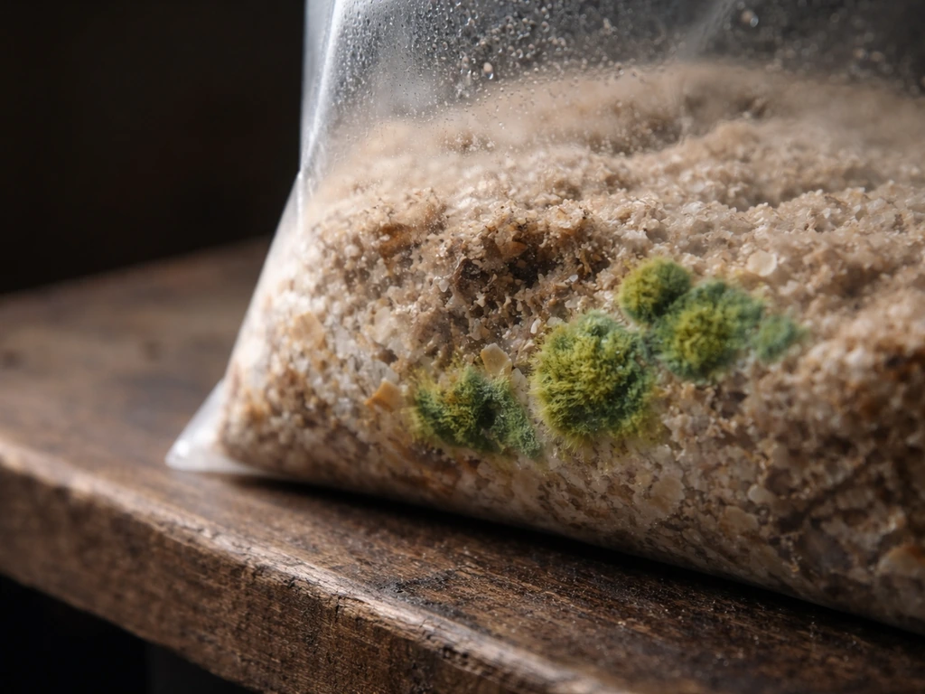 Close-up of a grow bag substrate with bright green mold patches suggesting contamination.