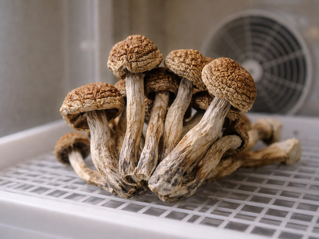 Close-up of dehydrated, cracked mushroom fruiting bodies on a drying tray under gentle airflow.