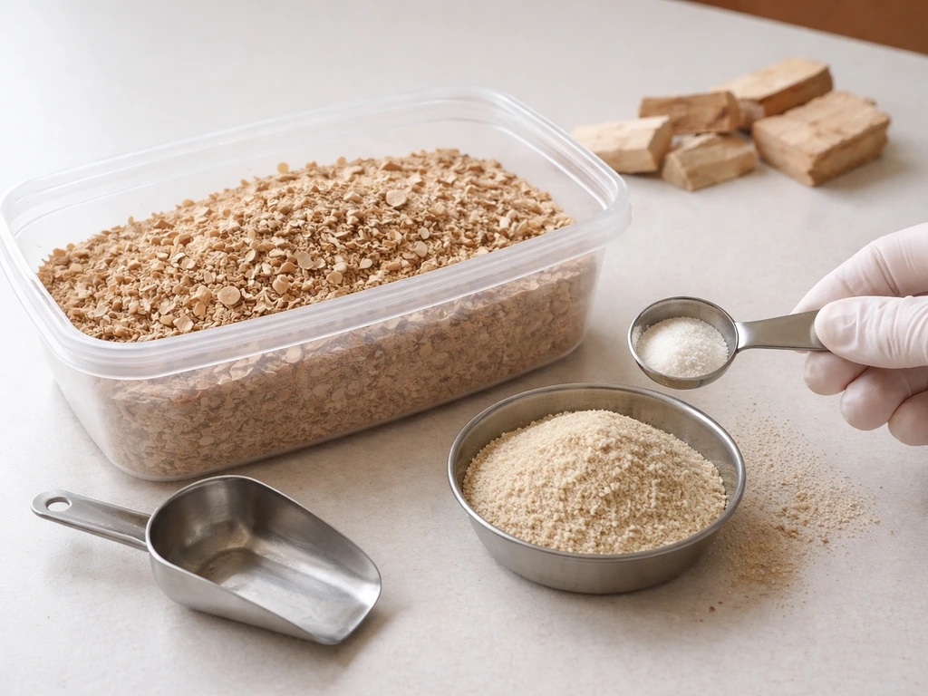 Hardwood sawdust in a container with rice bran and simple tools on a clean countertop.