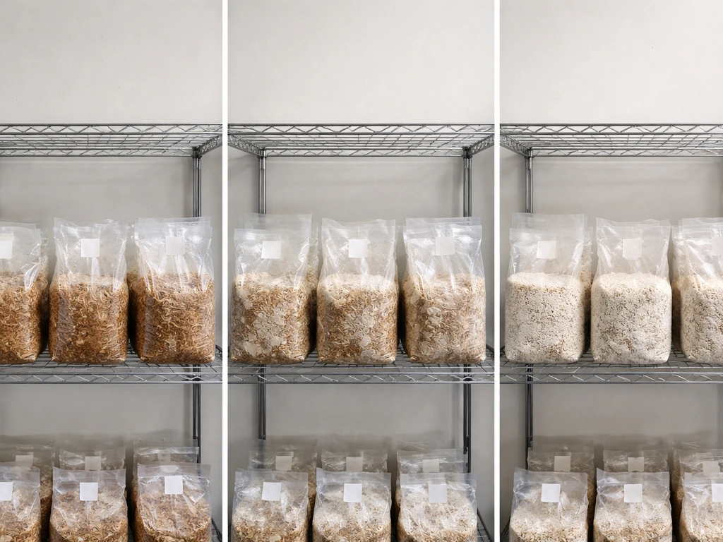 Three reishi grow bags on separate shelves showing fresh, colonizing, and fully colonized stages under natural light.