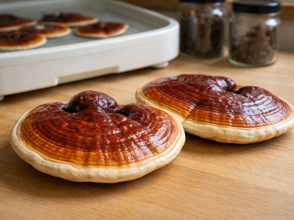 Glossy red reishi conks on a wooden table with a dehydrator tray and glass storage jars nearby.