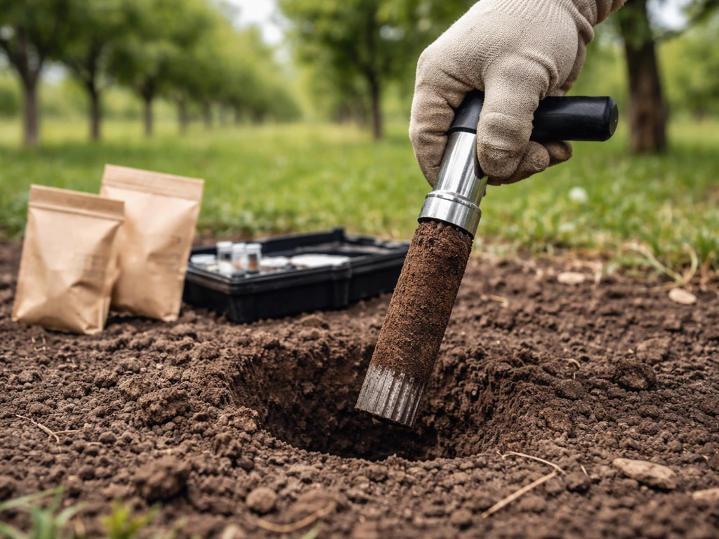 Gloved hand pulls a neat soil core for lab testing beside plain sample bags and a soil kit.