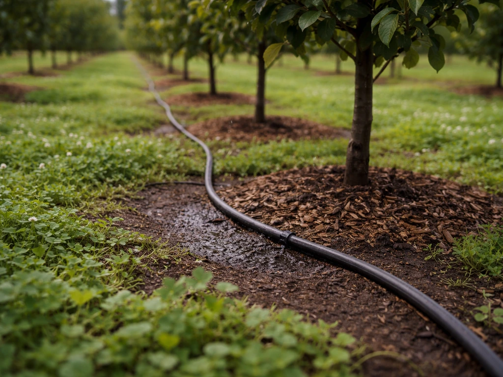 Close view of drip irrigation lines watering young trees in a mulched orchard row.