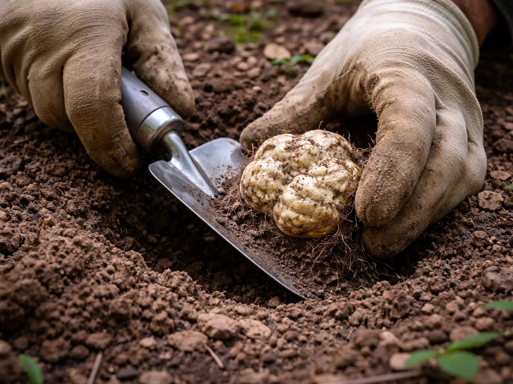 Gloved hands lift a ripe white truffle from shallow soil with a small hand trowel.