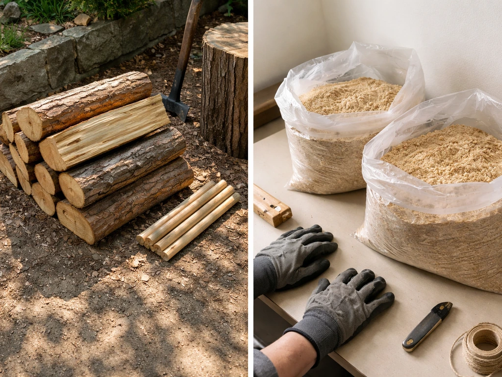Left: split wood logs on a patio; right: prepared indoor sawdust bags with gloves nearby.