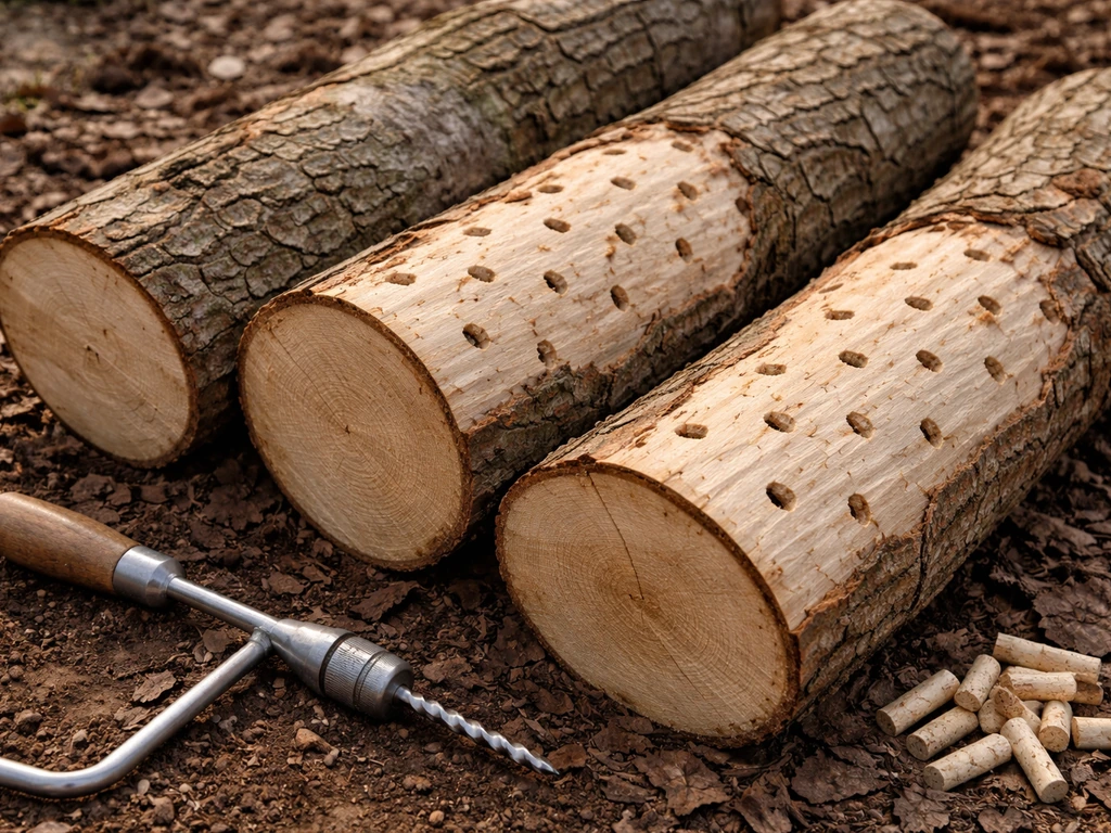 Hardwood log outdoors with a diamond pattern of drilled spawn holes and a drill nearby