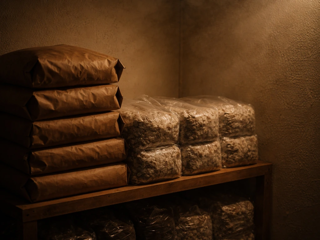 Dim warm incubation area with covered bags stacked on a shelf under low amber light.