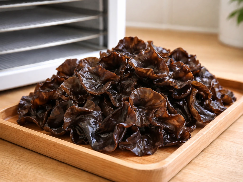Freshly harvested wood ear mushrooms with ruffled edges beside dehydrator racks for drying
