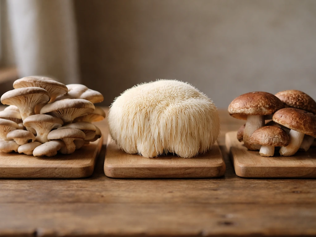 Close-up of oyster, lion’s mane, and shiitake mushrooms on wooden boards under natural light