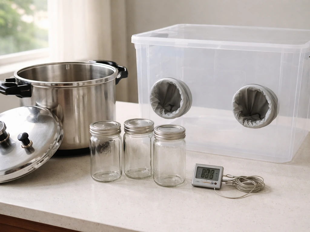 Pressure cooker with a still-air box tote and thermometer/hygrometer probes beside sterilizing jars