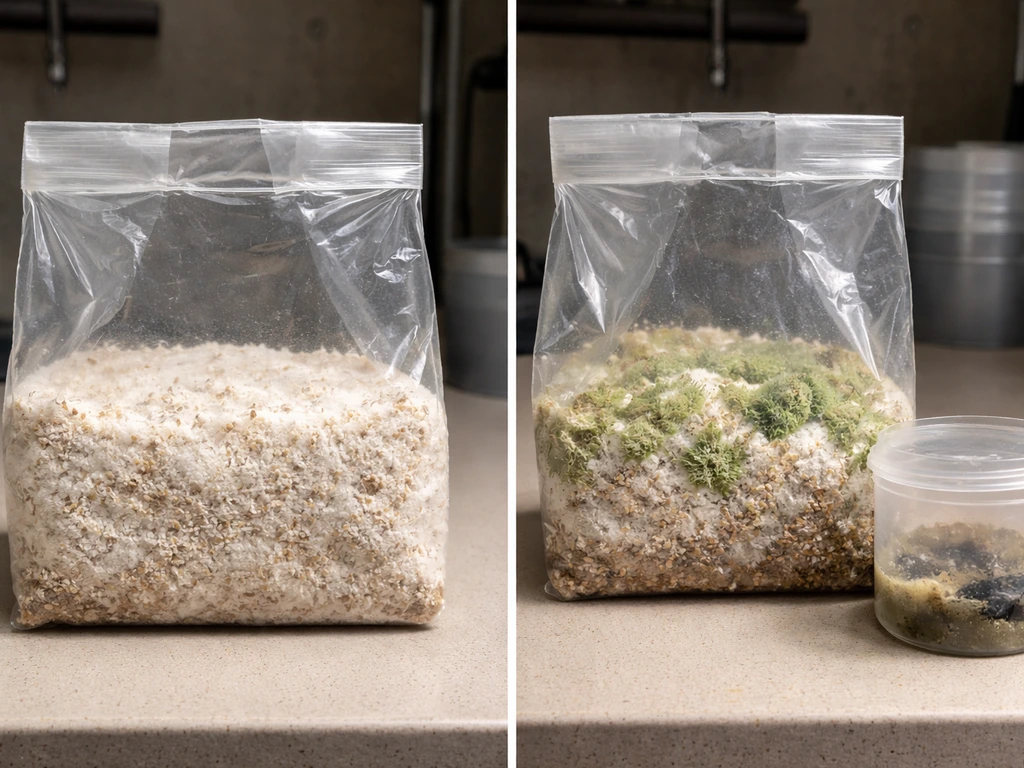 Two grow bags side-by-side: healthy white mycelium vs green mold and a separate slimy contamination spot.