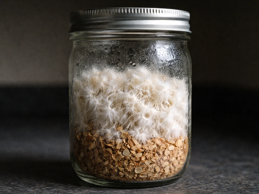 Close-up of a clear jar showing dense white lion’s mane mycelium colonizing hardwood substrate.