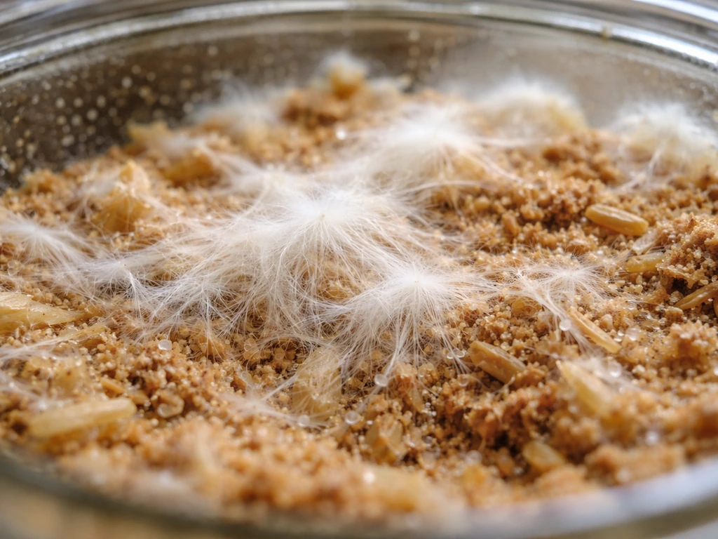Close-up of white lion’s mane mycelium hyphae colonizing wood-based substrate in a glass container.