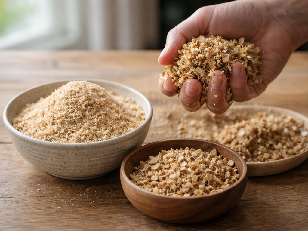 Wood sawdust and soy hulls on a table with a hand squeezing to show proper moisture texture.
