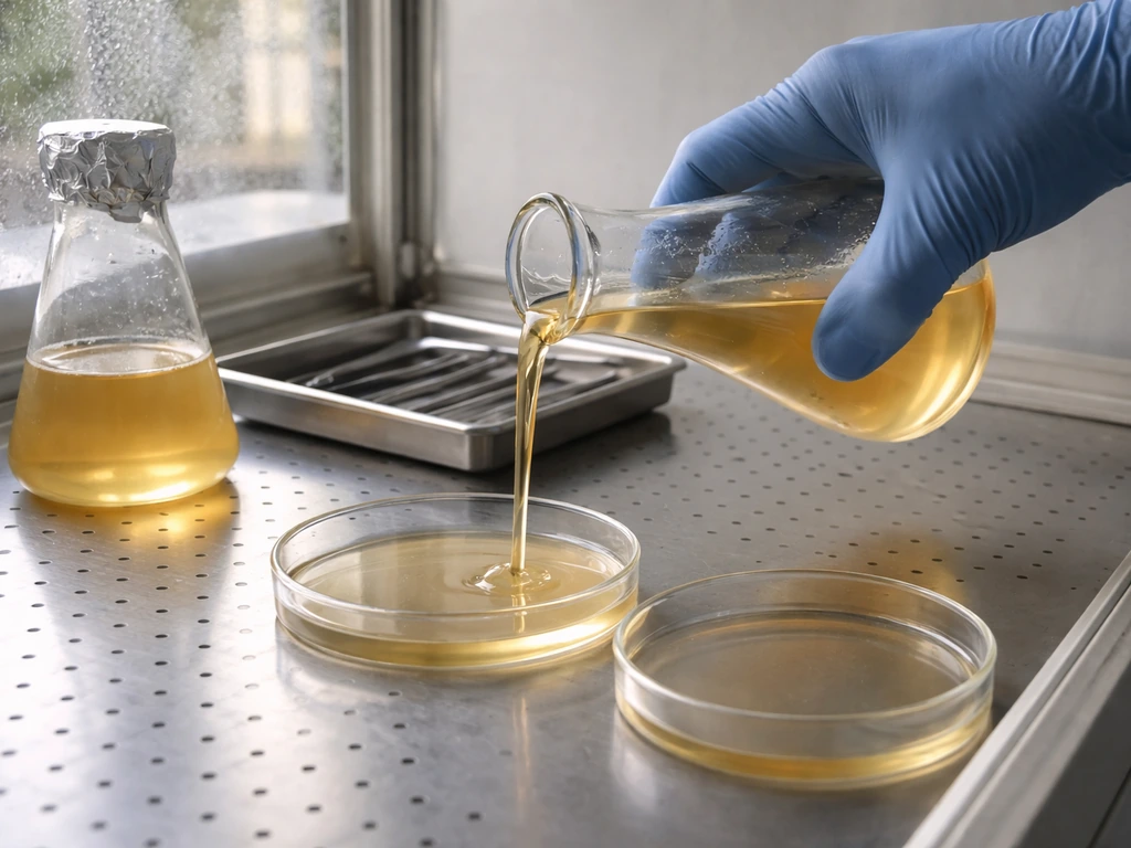 Gloved hands pour sterilized agar into Petri dishes inside a clean still-air box.