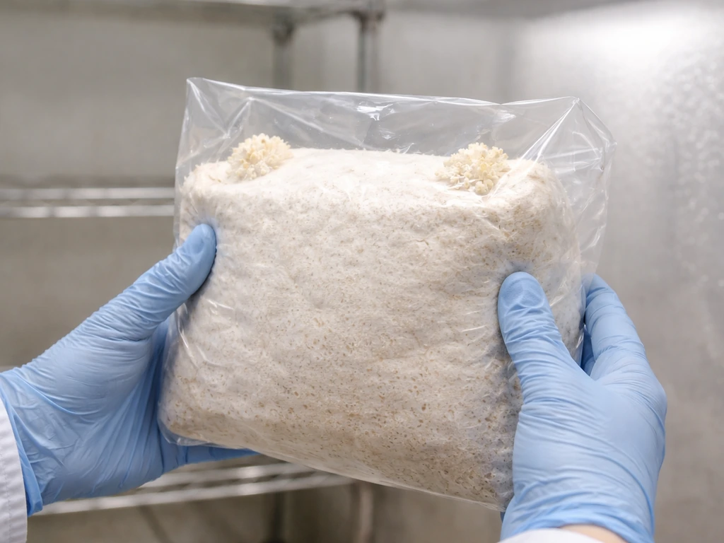 White, firm lion’s mane mycelium block being moved into a clean fruiting area with tiny early pins visible