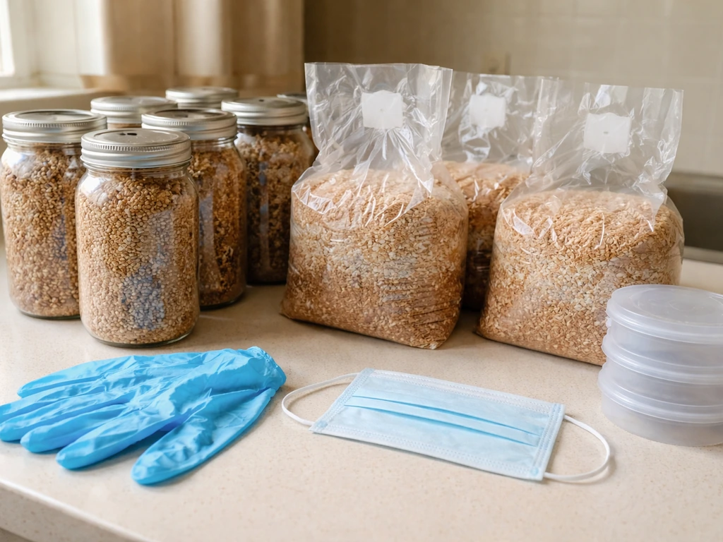Mushroom-growing supplies laid out: jars of grain spawn, sawdust/bran, gloves, and a face mask.
