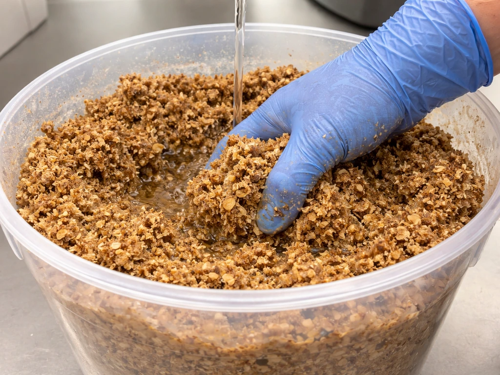 Close-up mixing hardwood sawdust and bran in a bucket with water to reach field capacity