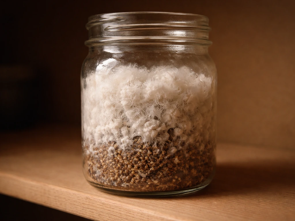 Warm indoor grow jar with visible white reishi mycelium spreading across substrate