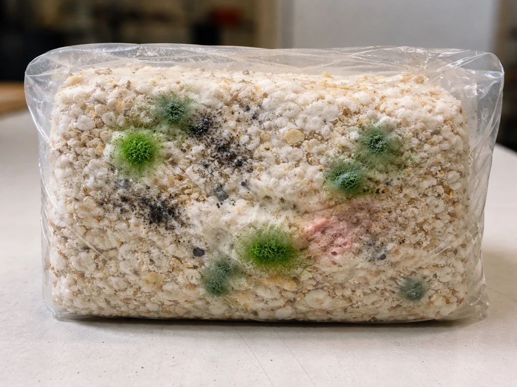 Close-up of a mushroom grow block in a plastic bag with visible green, black, and pink mold patches.