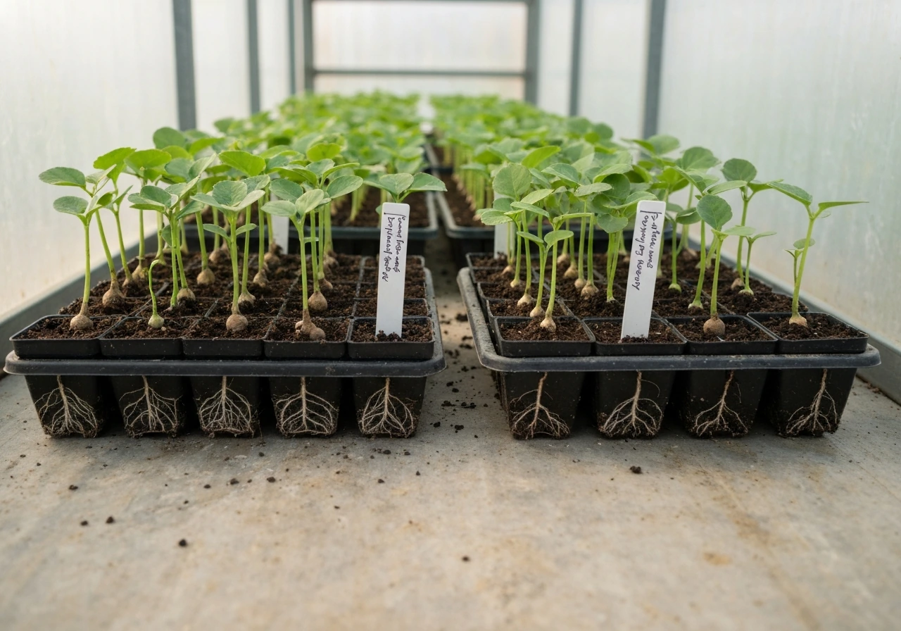 Close view of inoculated black truffle host-tree seedlings in a nursery tray, emphasizing seedlings over spores.