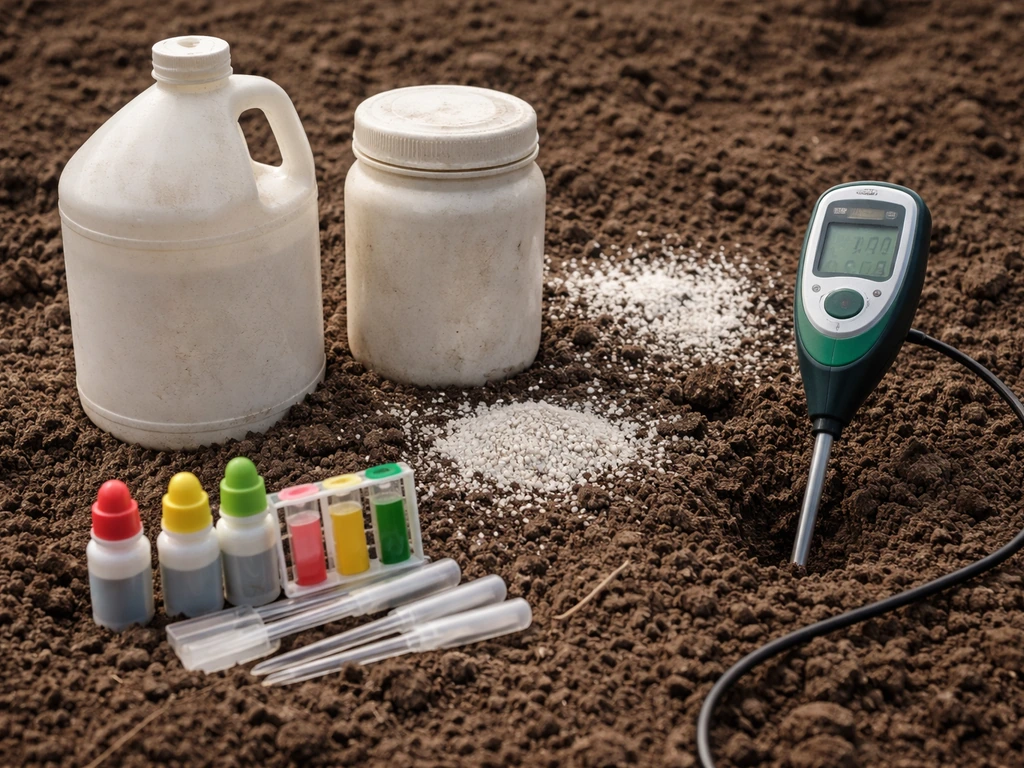 Bare garden soil with lime/limestone, and a soil pH test kit and pH meter for truffle soil management.