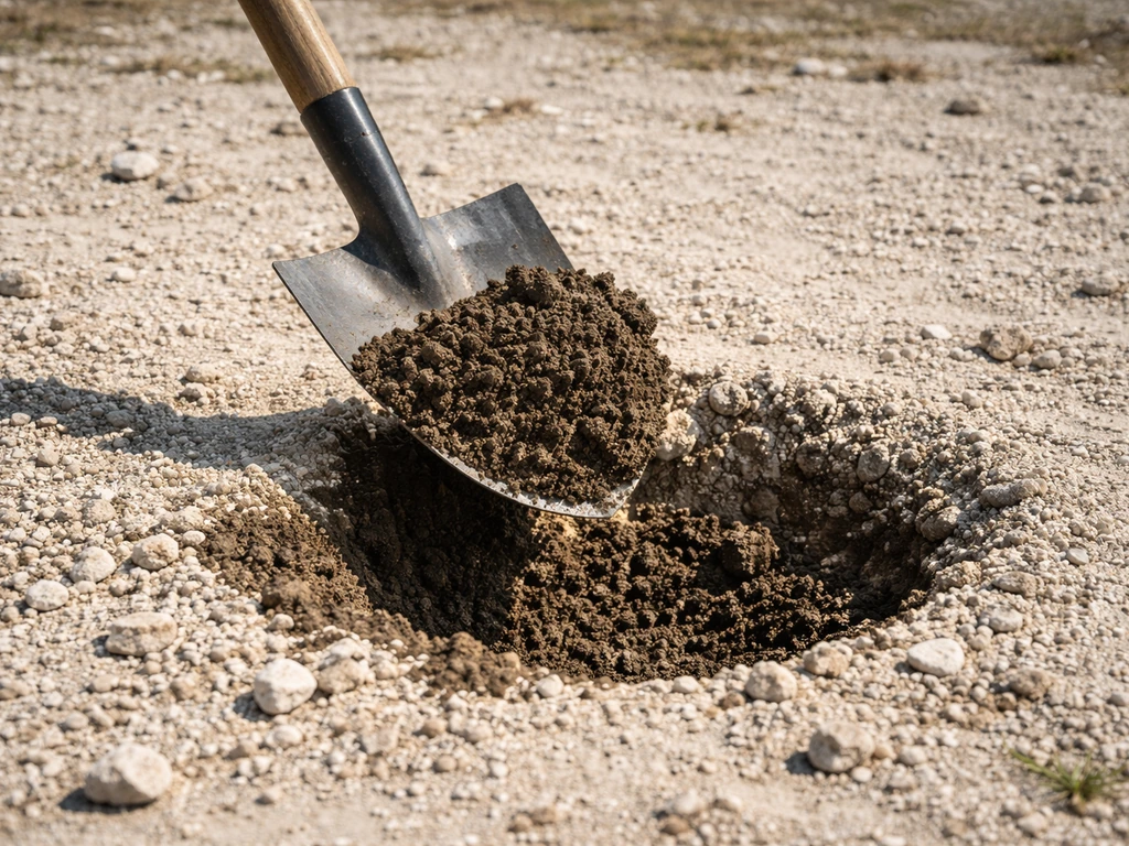 A spade digging into a prepared planting area in calcareous, gritty soil under sunlight.