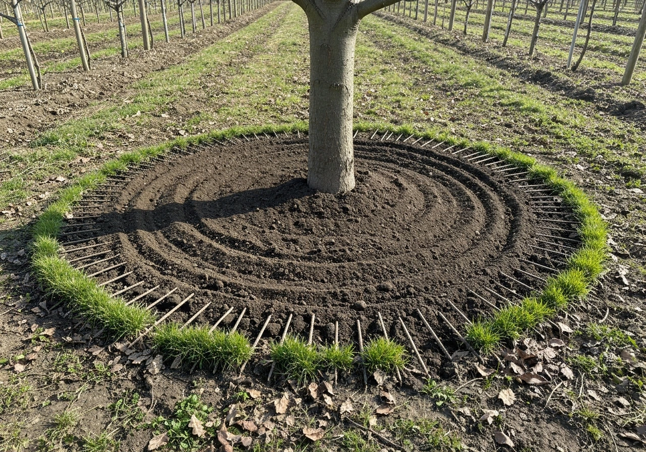 Ground-level view of a raked clear brûlé zone around a tree trunk with sparse suppressed vegetation.