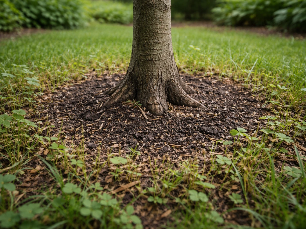 Ground-level view of a young host tree trunk with a faint ring of thinner, dying competing plants around it.