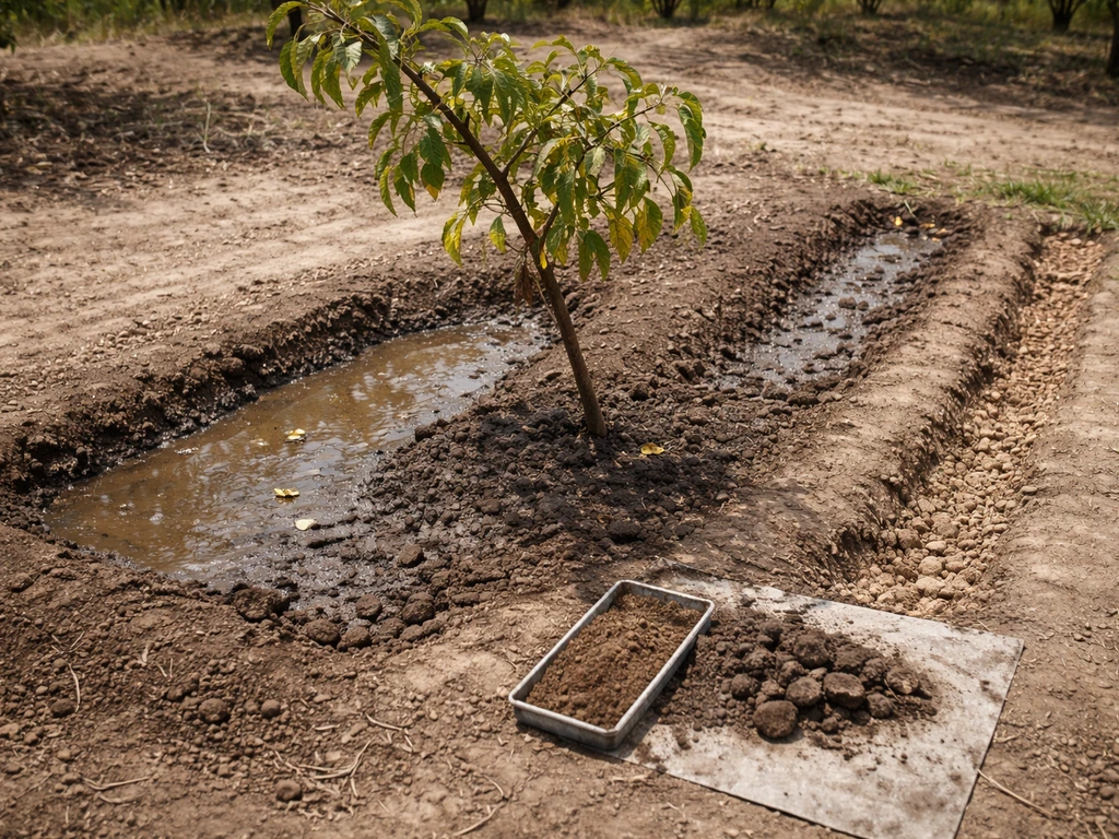 Stressed host tree in a soil bed with standing water in one area and drier soil nearby, plus exposed soil for testing.
