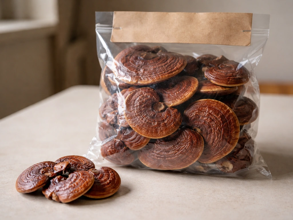 Dried red reishi (Ganoderma lucidum) mushrooms in a clear bag on a kitchen table