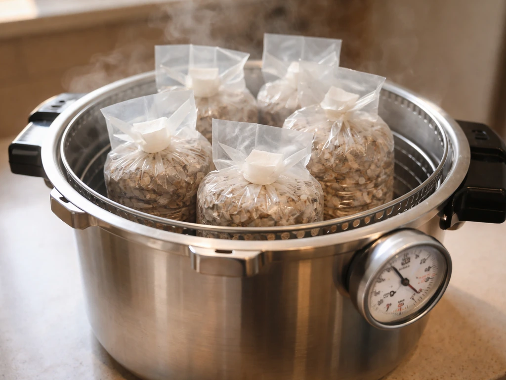 Polypropylene grow bags in a pressure cooker with a visible pressure gauge, steam lightly rising.