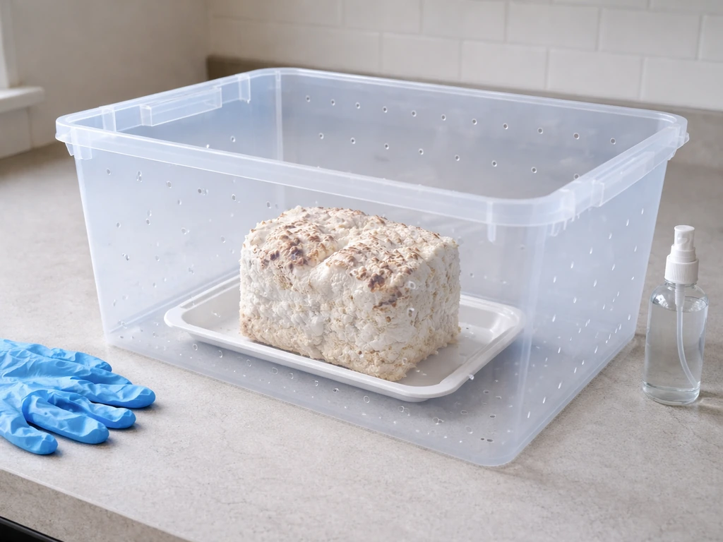 Clear plastic fruiting chamber bin with drilled holes and a colonized reishi block ready for X-shaped cuts