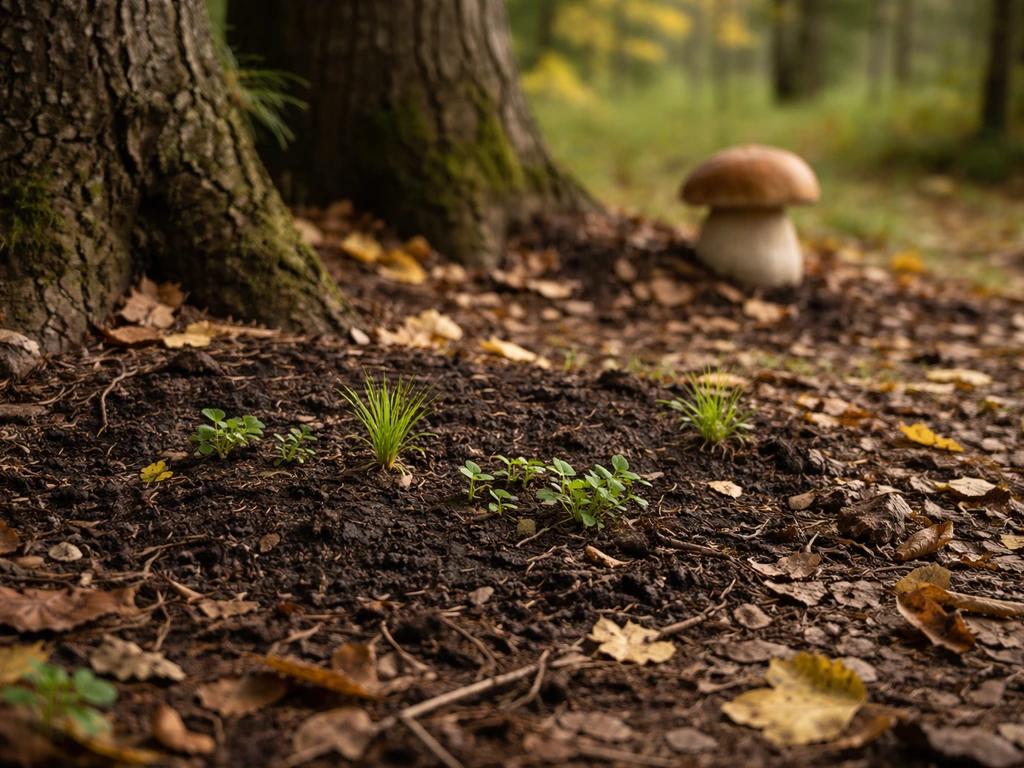 Backyard woodland edge with a prepared mycorrhizal bed and a young porcini mushroom emerging nearby trees.