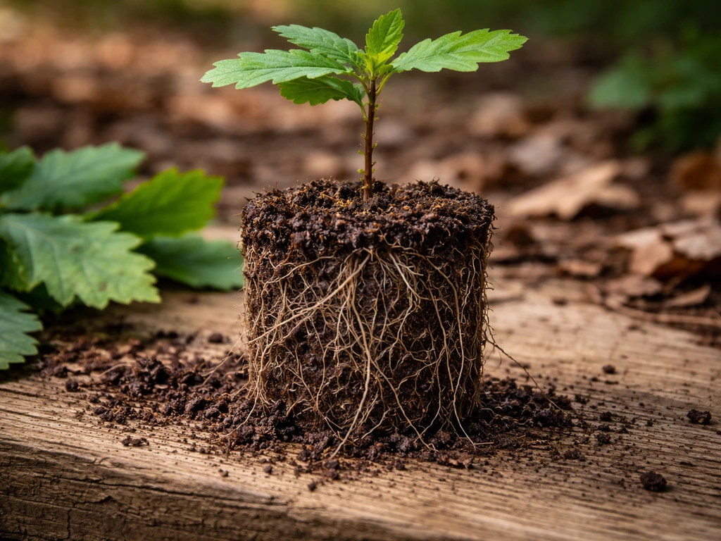 Close-up of mycorrhizal inoculated seedling roots and soil plug beside oak leaves in natural light