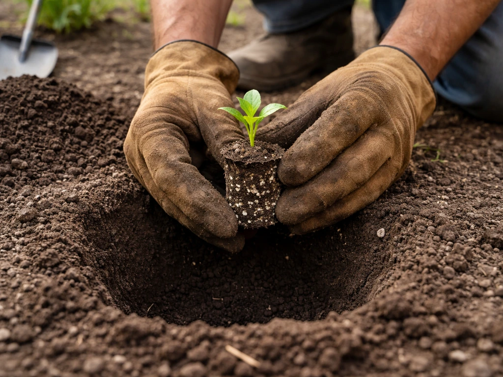 Gardener’s gloved hands placing a small plant plug into a freshly dug hole, soil being covered