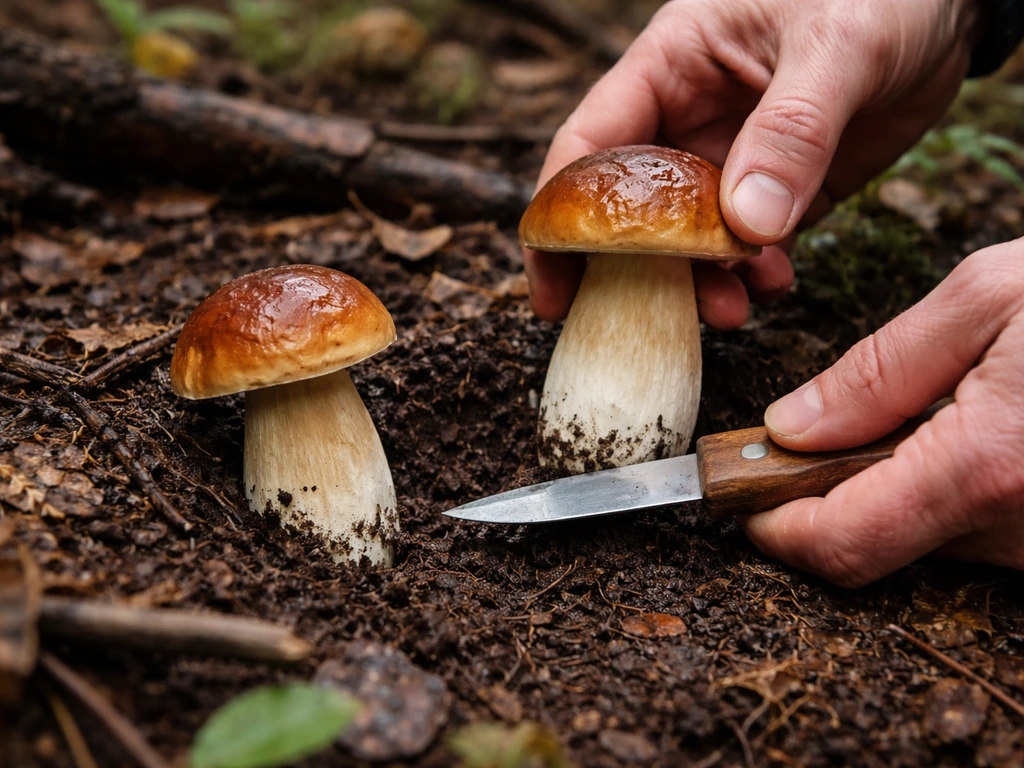 Gardener harvesting a porcini-like mushroom from a forest bed with a clean cut near the base