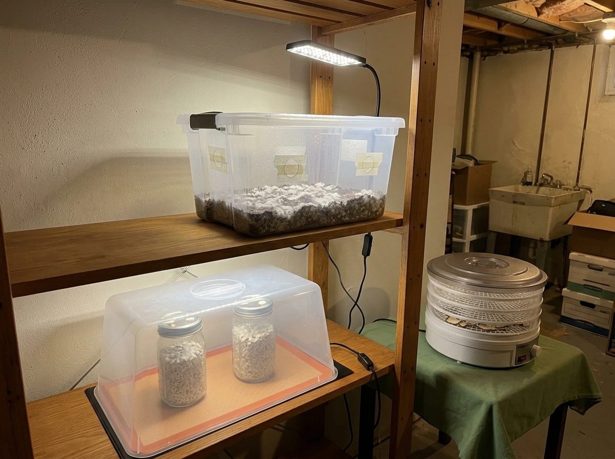 Colonizing grain jars on a heat mat alongside a fruiting tote and dehydrator