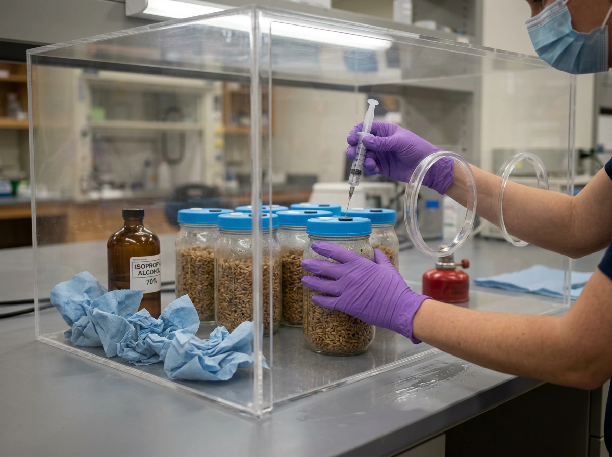 Inoculating grain spawn jars inside a still air box