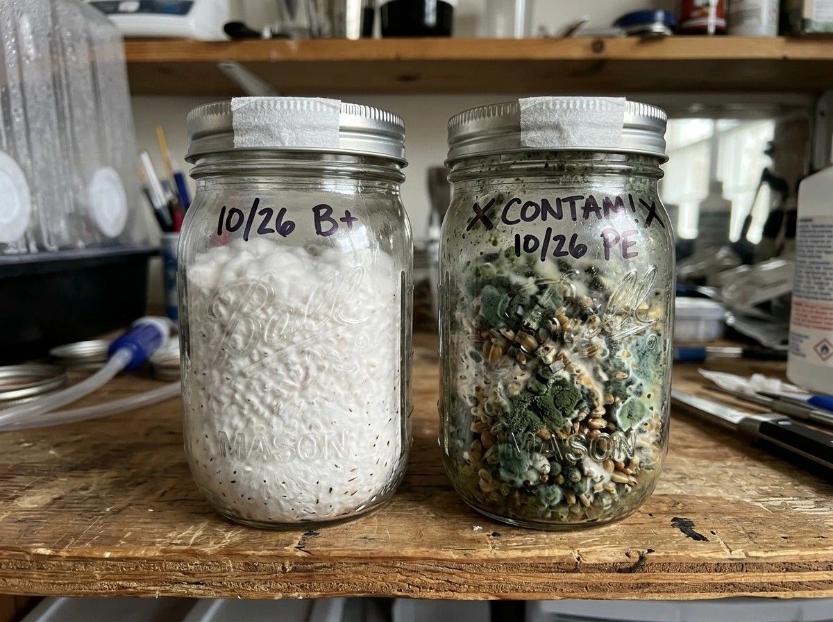 Side-by-side healthy white growth vs green mold contamination
