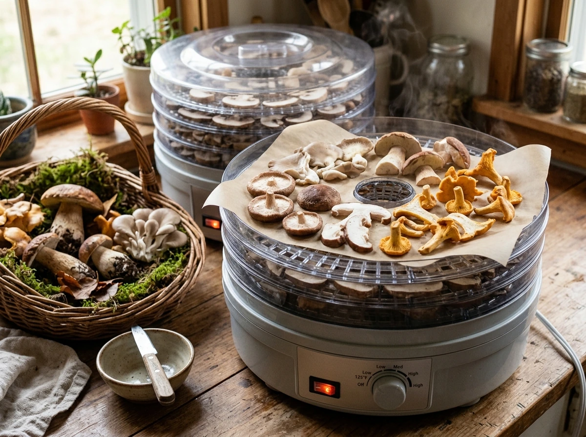 Fresh mushrooms laid out on dehydrator trays for drying