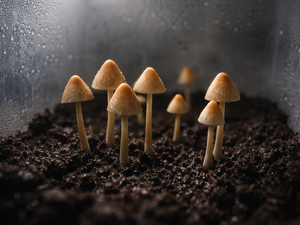 Liberty cap mushrooms emerging from a damp peat casing in a humid micro-grow setup