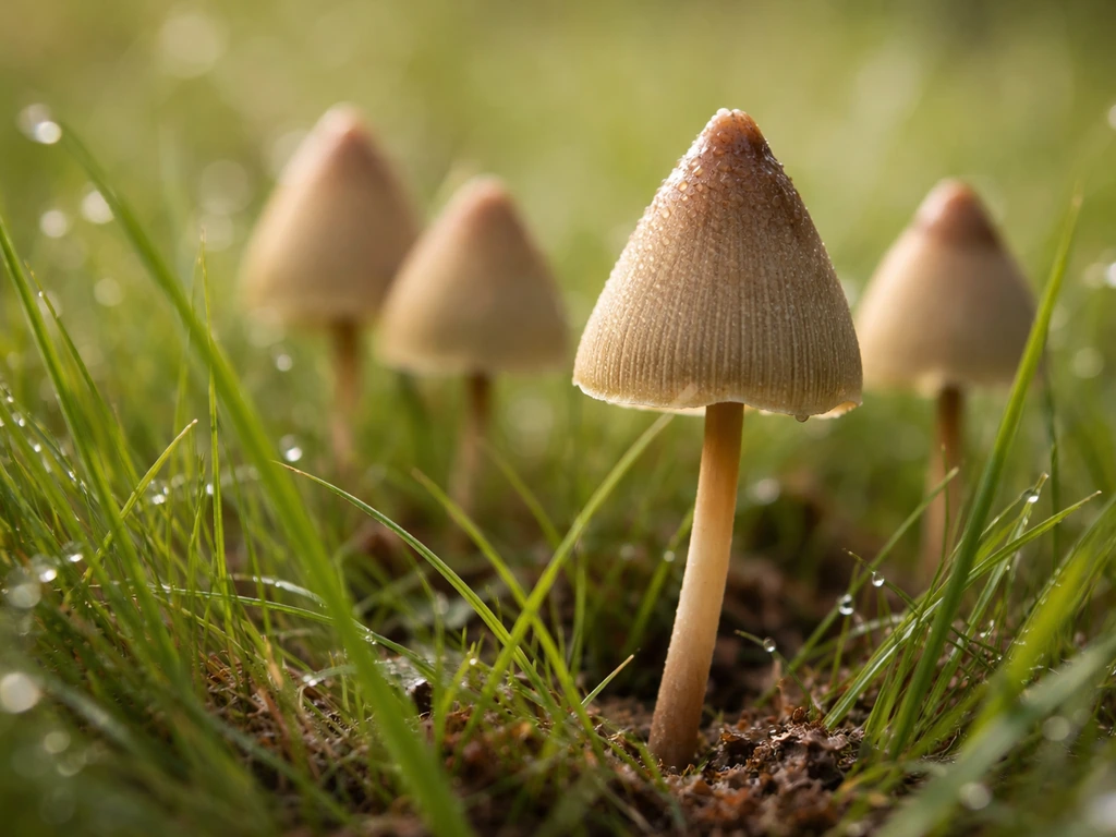 Close-up of liberty cap mushrooms with pointed bell-shaped caps growing in grassy field