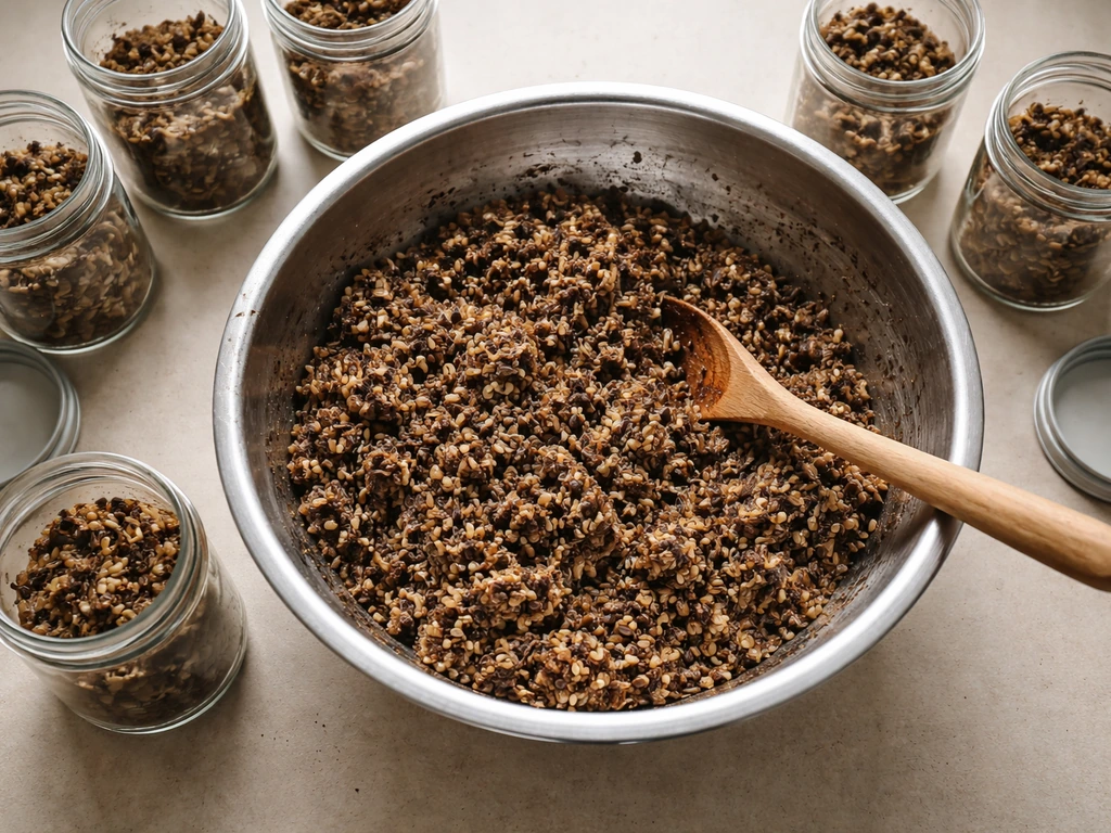 Top-down view of a bowl of damp substrate mix and clear jars with lids ready for colonization.
