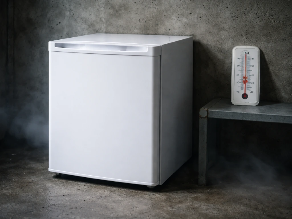 A small temperature-controlled mini-fridge in a cool room with a thermometer reading 10–15°C range.