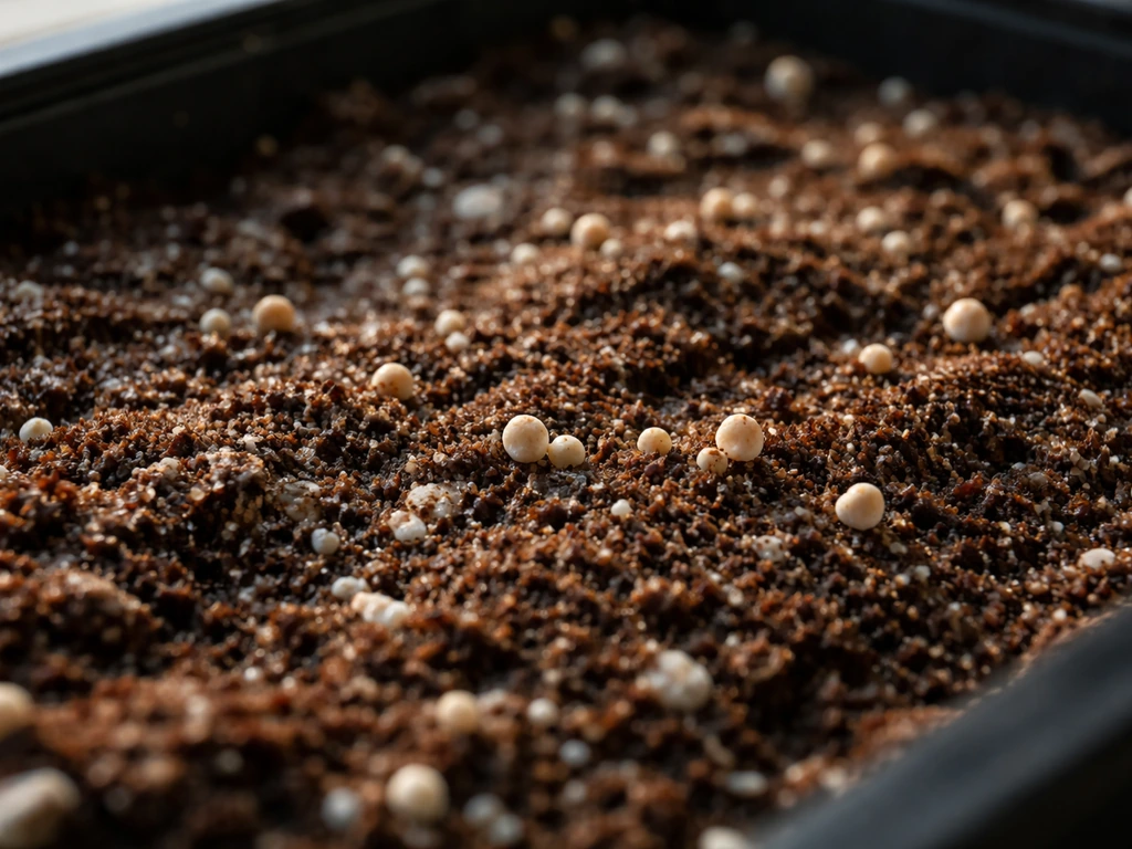 Close-up of peat casing surface with tiny early white and pale tan pin nodules.