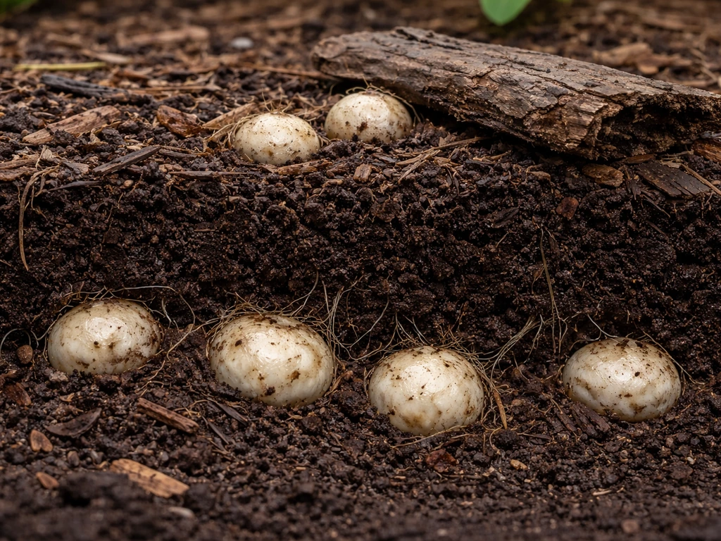 Macro cross-section of moist soil and buried wood with pale stinkhorn “eggs” just below the surface.