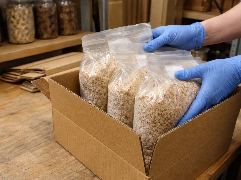 Gloved hands packing sealed mushroom spawn bags into a cardboard box on a wooden workshop bench.