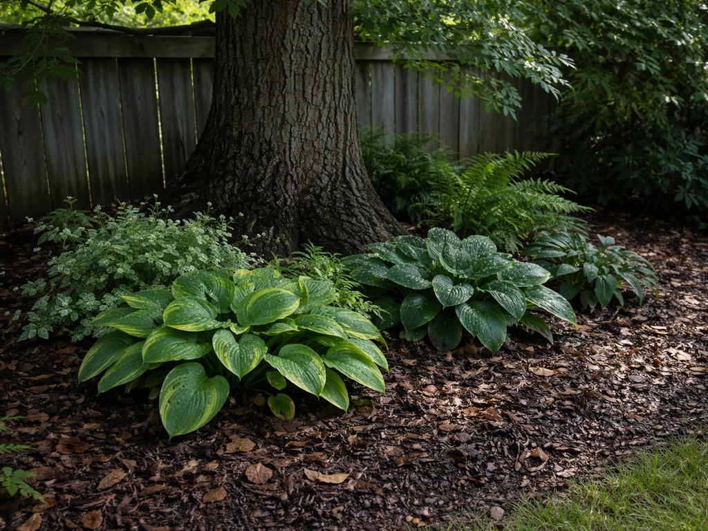 Shaded planting bed under a tree with leaf-litter mulch and moist soil in natural light